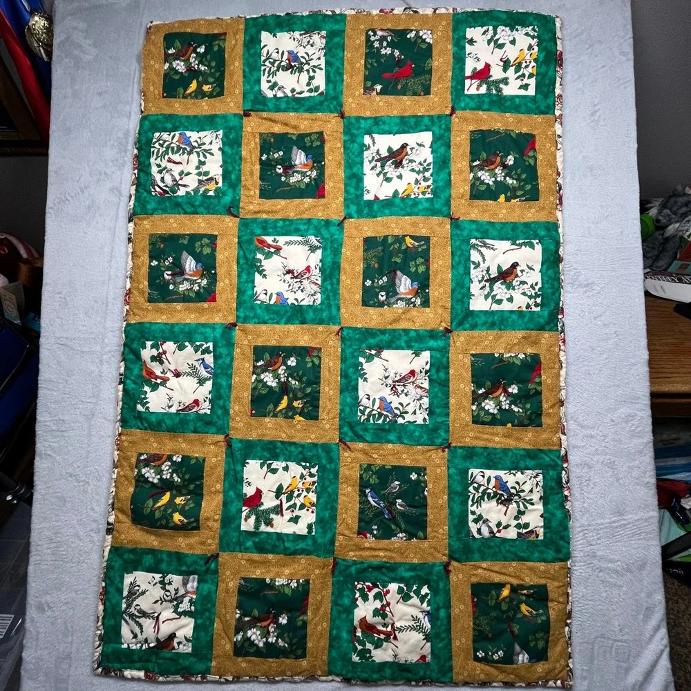 Handcrafted Bird Patchwork Tied Quilt 52x34 Green Gold Floral Reversable